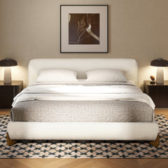 Alpine Puffy Modern Platform Bed, King, Ivory White Boucle