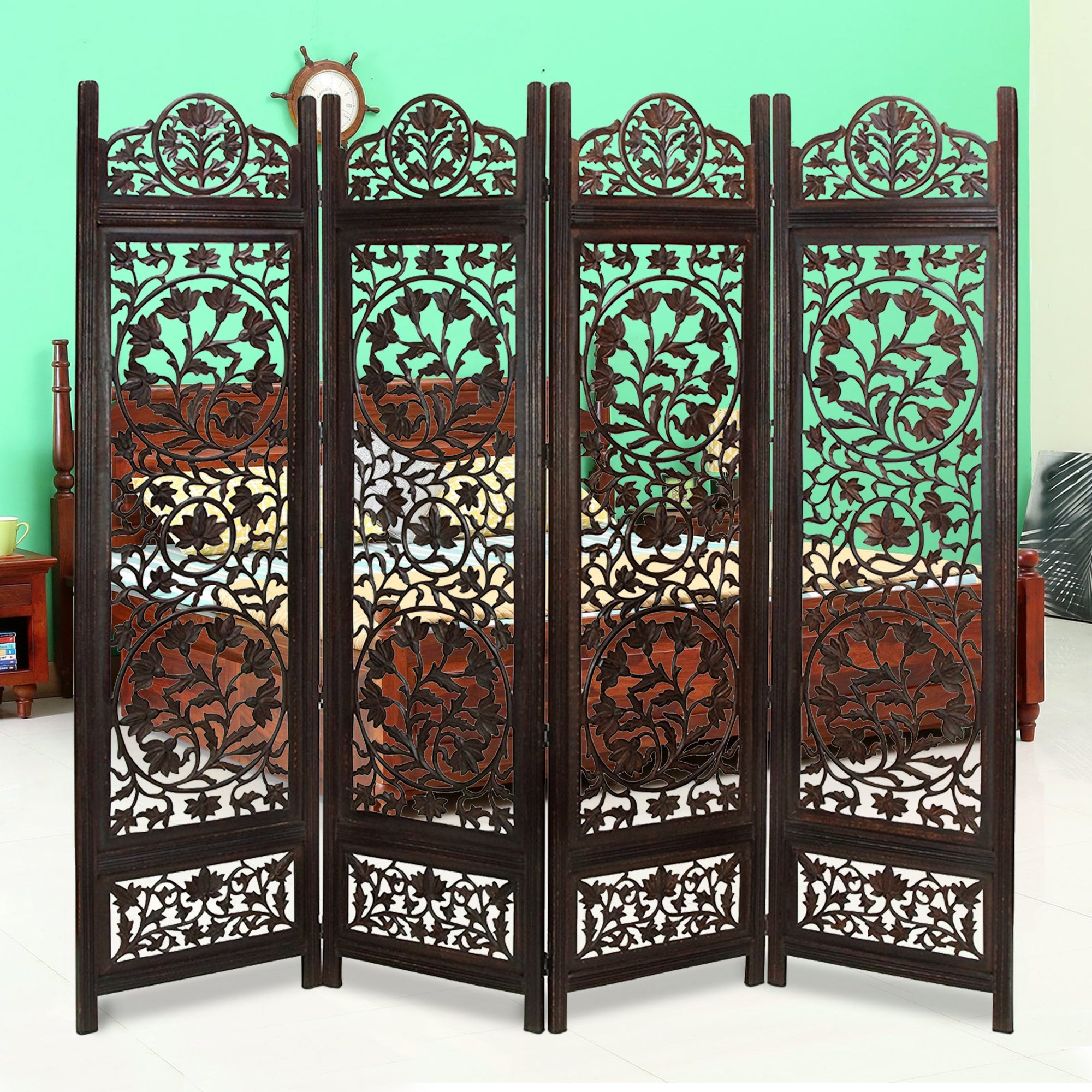 Handcrafted Wooden 4 Panel Room Divider Screen Featuring Lotus Pattern Reversible