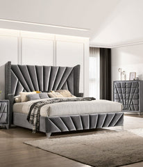 Bedroom Wingback Headboard 1pc Eastern King Size Bed Furniture Gray Fabric Upholstered Unique Bed