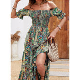 Women's Off The Shoulder Dresses Boho Flowy Smocked Maxi Sundress Beach Vacation Summer Dress
