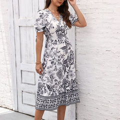 Women Floral Maxi Dress Short Puff Sleeve V Neck Bohemian Flowy Smocked Long Dress