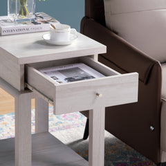 Side End Table with One Drawer and Bottom Shelf, Accent Table White Oak