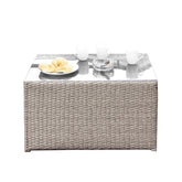 Stylish Handcrafted Wicker Coffee Table with Tempered Glass and Rustproof Aluminum Frame in Grey Mix