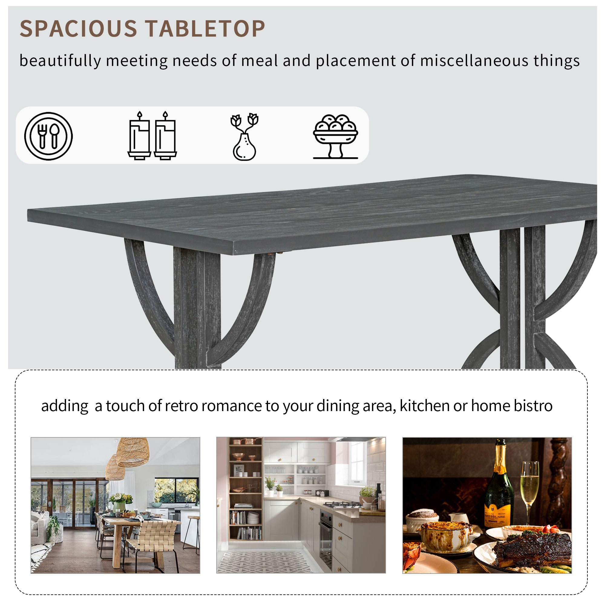 6-Piece Retro Rectangular Dining Table Set, Table with Unique Legs and 4 Upholstered Chairs & 1 Bench - Grey Wash