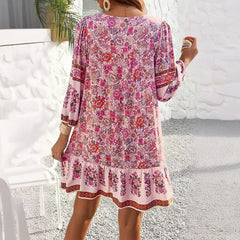 Women's Floral Print Mini Dress, V-Neck with Tassel Tie, Long Sleeve, Boho Summer Style