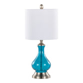 22" Contemporary Accent Lamp in Clear Sapphire Blue Seeded Glass, Brushed Nickel and White Linen Shade