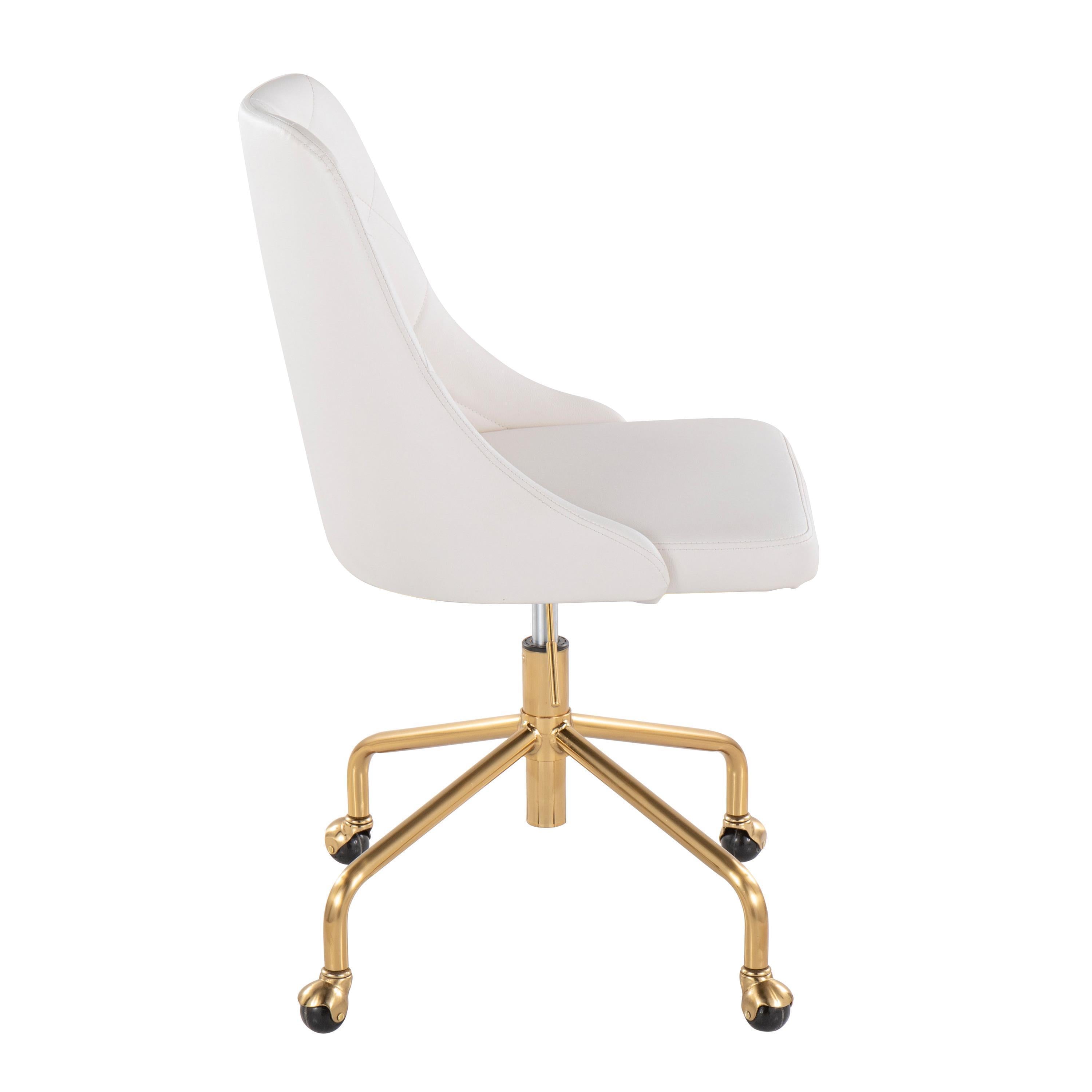 Contemporary Adjustable Office Chair with Casters in Gold Metal and White Faux Leather