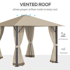 10'x10' Patio Gazebo Aluminum Frame Outdoor Canopy Shelter with Sidewalls, Vented Roof for Garden, Lawn, Backyard, and Deck - Khaki