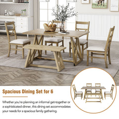Farmhouse 6-Piece Dining Table Set with Cross Legs, Kitchen Set with 4 Upholstered Dining Chairs and Solid Wood Bench - Natural