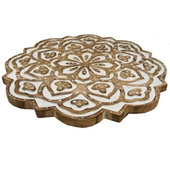 Handcrafted Mango Wood Side End Table, Floral Carved Top, Tripod Base, 18 Inch - Antique Brown & White