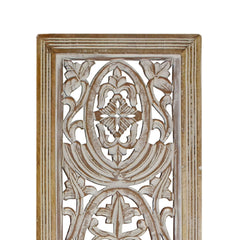 Rectangular Mango Wood Wall Panel Hand Crafted With Intricate Carving, White and Brown