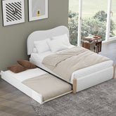 Contemporary Full Size Upholstered Platform Bed with Wood Supporting Feet and Twin Size Trundle, White Berber Fleece