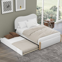 Contemporary Full Size Upholstered Platform Bed with Wood Supporting Feet and Twin Size Trundle, White Berber Fleece