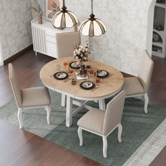 5-Piece Farmhouse Dining Table Set Wood Round Extendable Dining Table and 4 Dining Chairs - Oak Natural Wood + Antique White