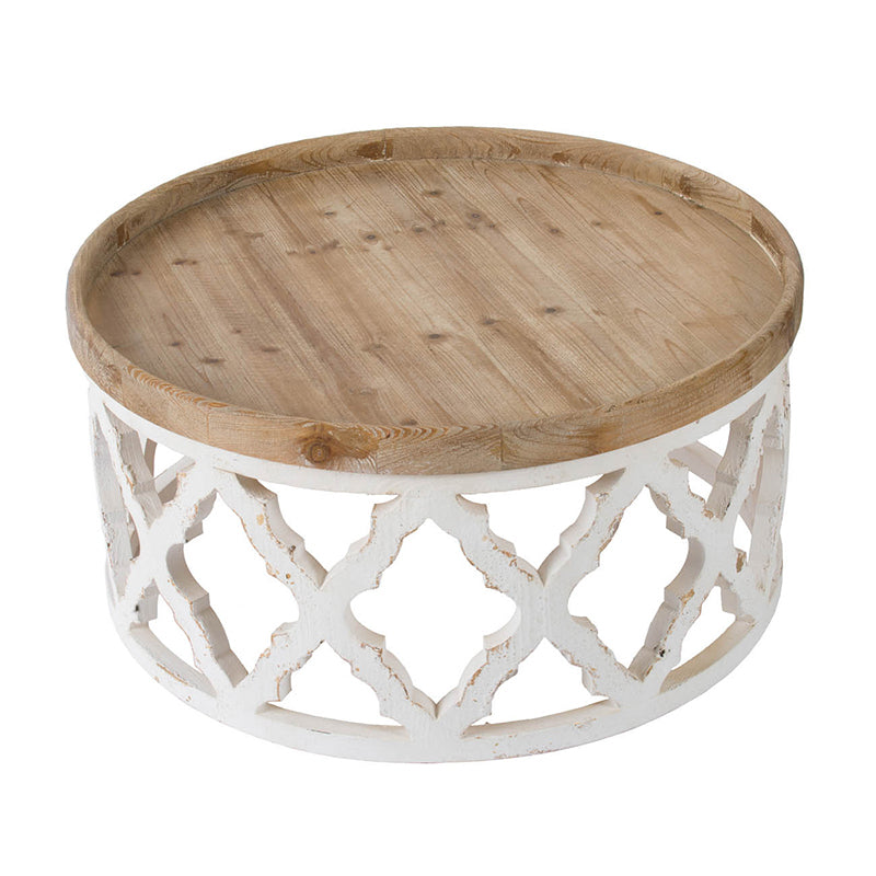 French Country Rustic Round Wooden Coffee Table - White