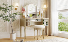 43" Makeup Vanity Set With Mirrored Drawers And Stool - Gold