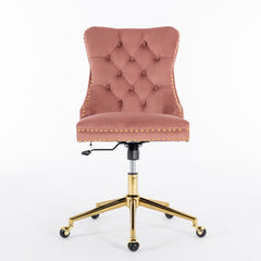 Velvet Upholstered Tufted Button Home Office Chair with Golden Metal Base, Adjustable Desk Chair Swivel Office Chair - Pink