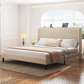 King Size Platform Bed , Metal Bed Frame with Charging Station, No Box Spring Needed, (Beige), Noise Free,Easy Assemble.