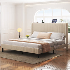 King Size Platform Bed , Metal Bed Frame with Charging Station, No Box Spring Needed, (Beige), Noise Free,Easy Assemble.