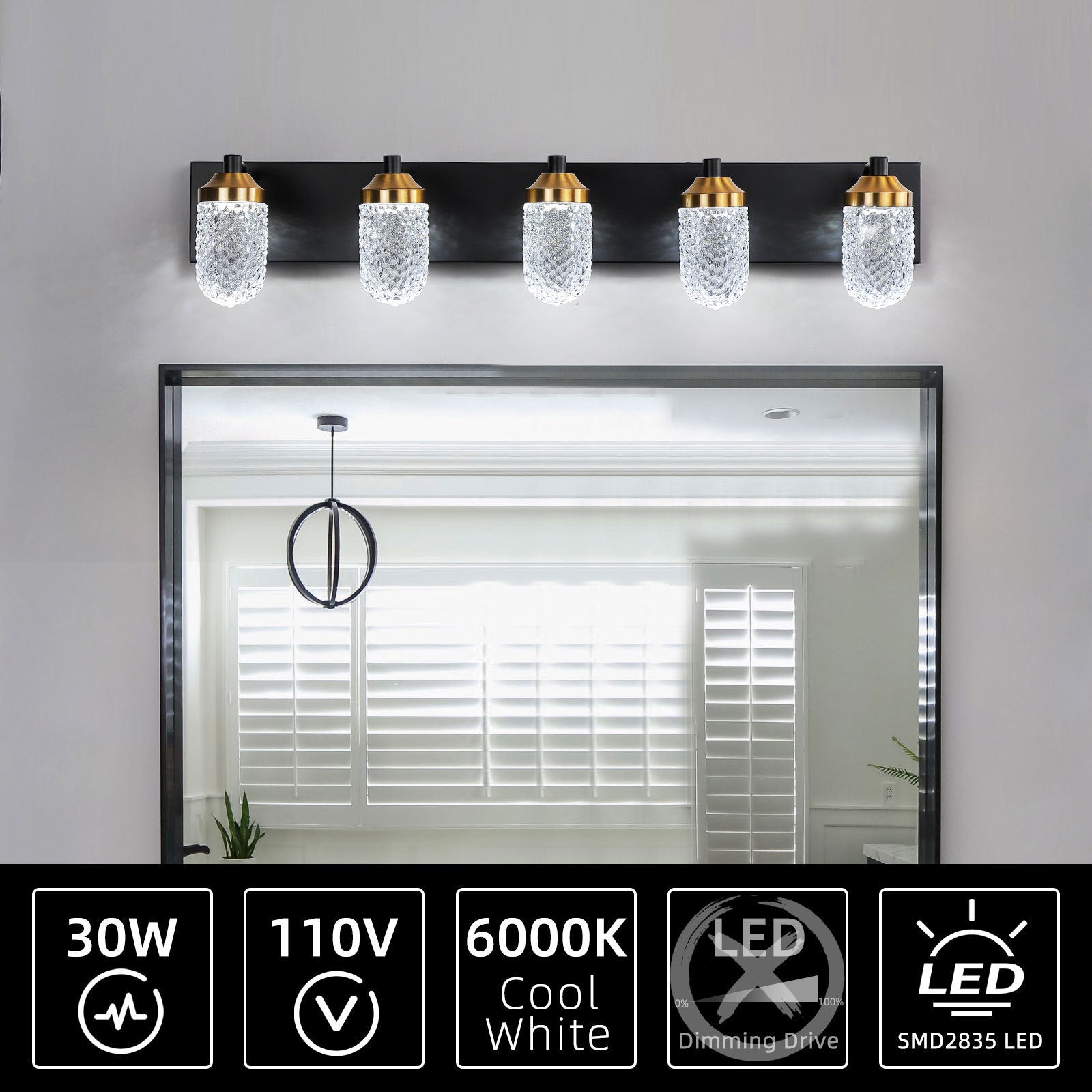Vanity Lights With 5 LED Bulbs For Bathroom Lighting - Black