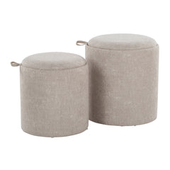 Tray Contemporary Nesting Ottoman Set in Light Brown Fabric and Natural Wood