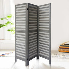 Paulownia Wood Panel Divider Screen, Shutter Design, 3 Panels 67 Inch - Grey Stripes
