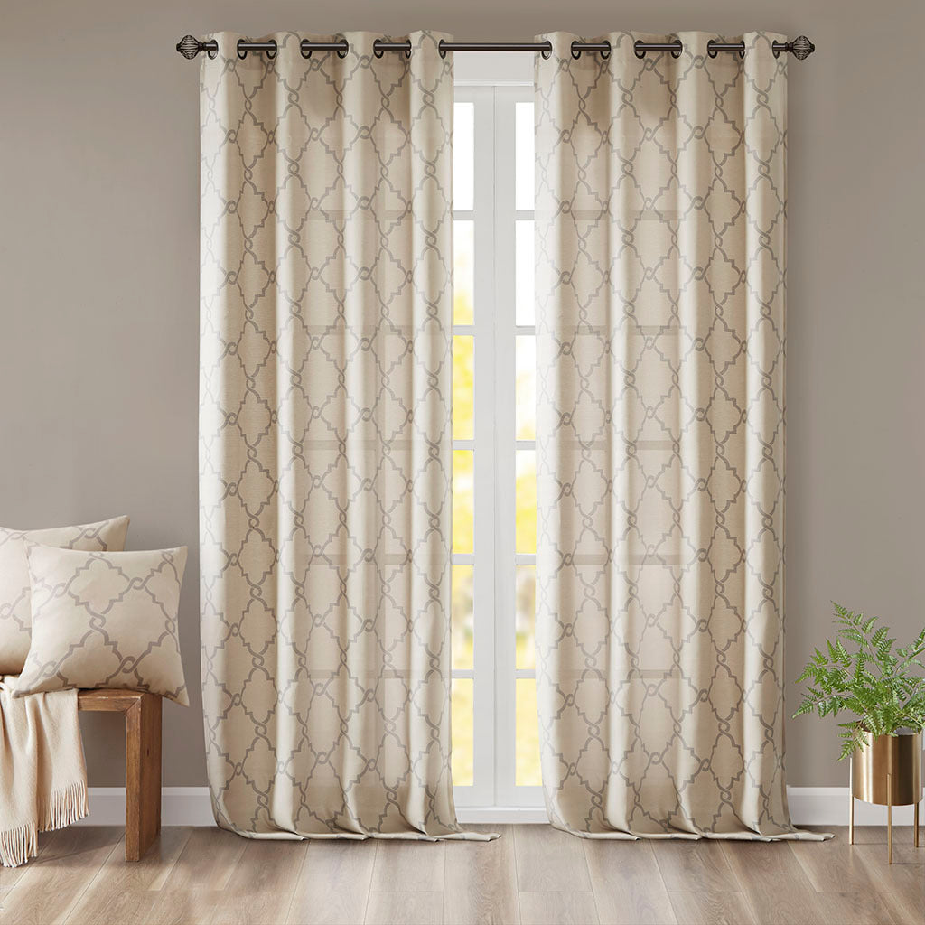 Fretwork Print Grommet Top Window Curtain Panel - Beige+Grey
