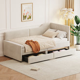 Twin Size L-Shaped Corduroy Daybed,Upholstered Bed Frame with 2 Storage Drawers, Beige