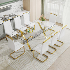 Modern and Luxurious Tempered Glass Rectangular Dining Table with 8 White PU Gold Plated Leg Chairs