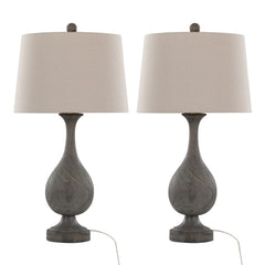 29" Farmhouse Table Lamp in Acid Griffin Wood Polyresin, Antique Soft Brass and Natural Linen Shade - Set of 2