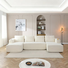 132' Oversized Cloud Boneless Sofa Couch with Chaise, Modern Corduroy U Shaped Modular Sectional Sofa with Deep Seat, Comfy Couch with Cupholders And Side Pocket , No Assembly Required-Beige