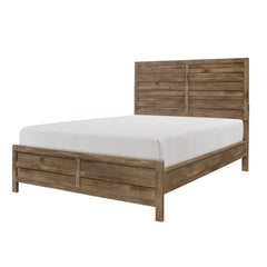 Queen Bed Modern Line Pattern Rusticated Style - Weathered Pine Finish