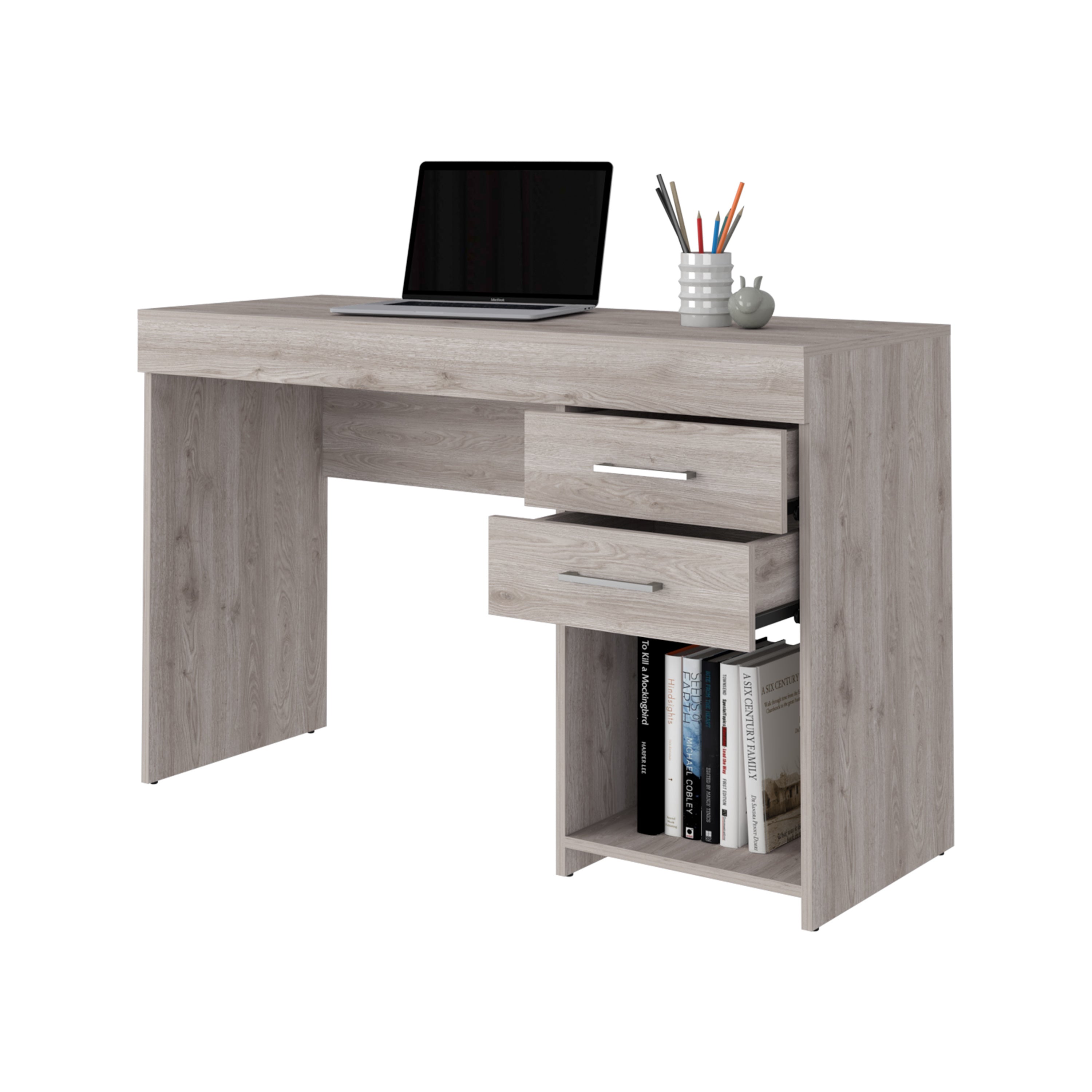 Computer Desk Limestone, Two Drawers - Light Gray Finish