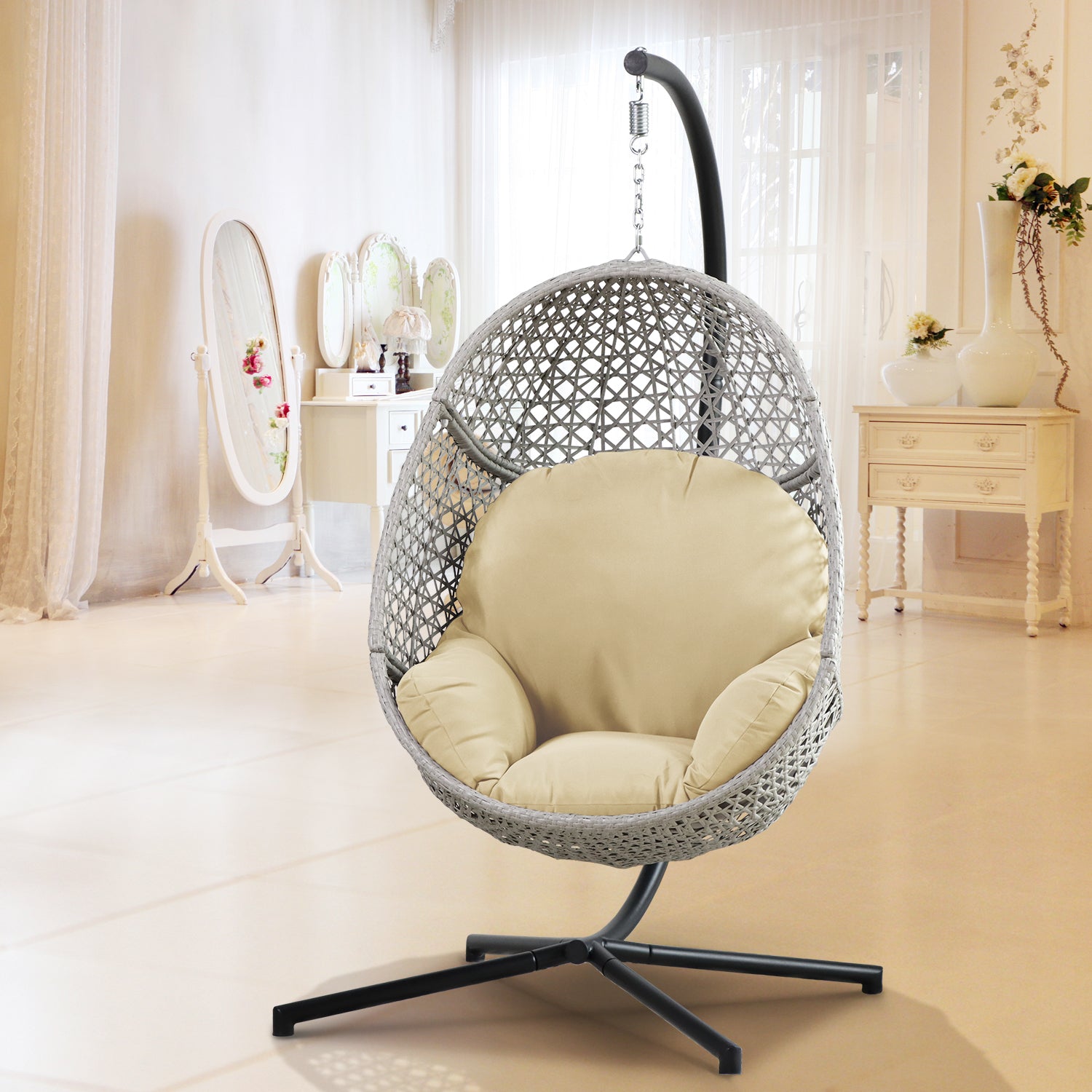 Large Hanging Egg Chair with Stand & UV Resistant Cushion with C-Stand for Outdoor/Indoor Space