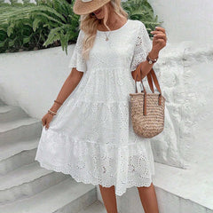 Women's Eyelet Lace Summer Dress, Short Sleeve, A-Line, Knee Length