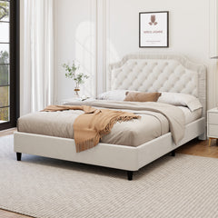 King Size Upholstered Bed with Ruched and Button Tufted Headboard, No Box Spring Needed,Velvet, White