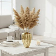 Elegant Gold Ceramic Decorative Vase, Modern Geometric Pattern, 10 Inch Tall, Metallic Finish