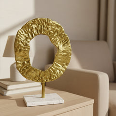 Modern Decorative Sculpture with Marble Base, Gold Textured Metal Art, 13 Inch Tall