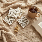 Set of 4 Decorative Mosaic Marble Coasters, White Natural Stone, Square Shape