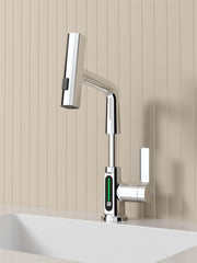 Pull-Out Lift LED Temperature Digital Display Basin Faucet, Single Handle 360° Rotatable Waterfall 3-in-1 Basin Tap with Adjustable Height - Chrome