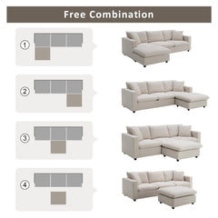 100.4x64.6" Modern Sectional Sofa, L-shaped Couch Set with 2 Free pillows, 4-seat Polyester Fabric Couch Set with Convertible Ottoman - Beige