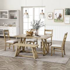 Farmhouse 6-Piece Dining Table Set with Cross Legs, Kitchen Set with 4 Upholstered Dining Chairs and Solid Wood Bench - Natural