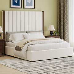 67.5' Tall Headboard Upholstered King Size Bed with Vertical Striped and Wingback Design, Box Spring Needed, Linen