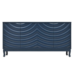 Elegant Sideboard with Sophisticated Wavy Pattern Doors and Arched Groove Design, Adjustable Four-Door Layout, Navy Blue MDF and Solid Wood, 59.84 x 15.91 x 30.51 inches