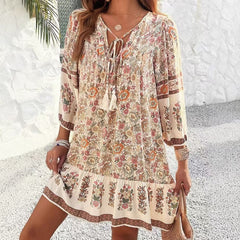 Women's Floral Print Mini Dress, V-Neck with Tassel Tie, Long Sleeve, Boho Summer Style