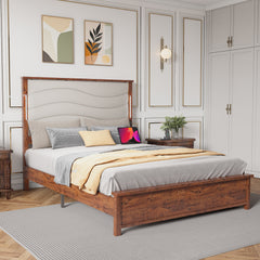 King Size Bed Frame with Upholstered Headboard, King Bed Frame with Charging Station and LED Lights, Wood Slats, Beige Linen, No Box Spring Needed, Easy Assembly