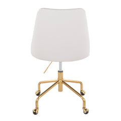 Contemporary Adjustable Office Chair with Casters in Gold Metal and White Faux Leather