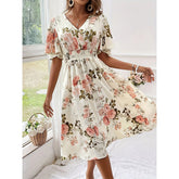 Women's Floral Summer Midi Dress, V-Neck, Empire Waist, Ruffle Short Sleeves