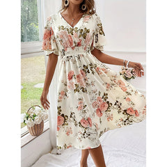 Women's Floral Summer Midi Dress, V-Neck, Empire Waist, Ruffle Short Sleeves