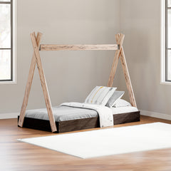 Modern Twin Size Bed, Crossed Wood A Frame Tent Stand, Jet Black Base
